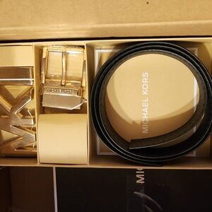 Michael Kors Black/Monogramed Belt with Gold Buckle Set Reversable Belt